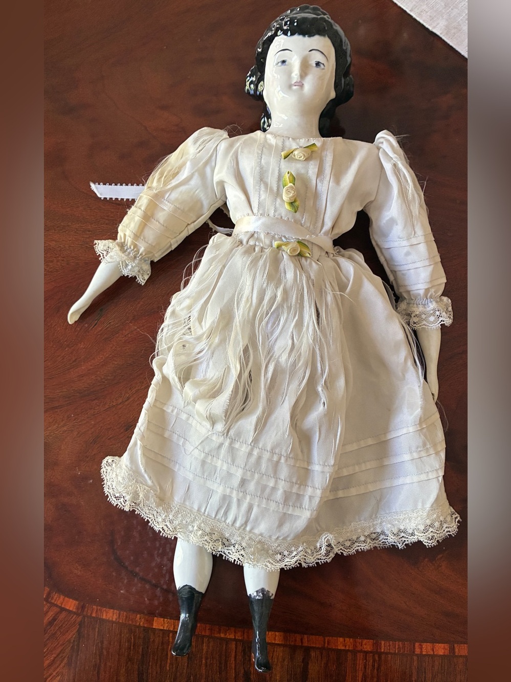 Vintage German  Porcelain Doll in Cream Dress